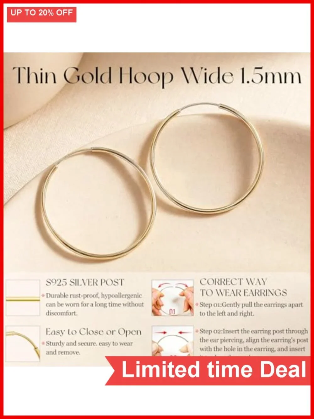 14k Gold Plated Hoop Earrings for Women, Hypoallergenic Silver Posts,
